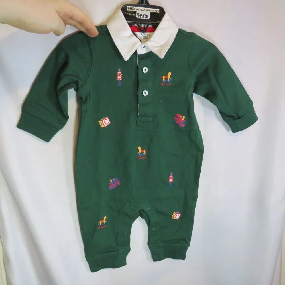 Baby Hunter Green & White bodysuit with formal collar 100% cotton Chaps